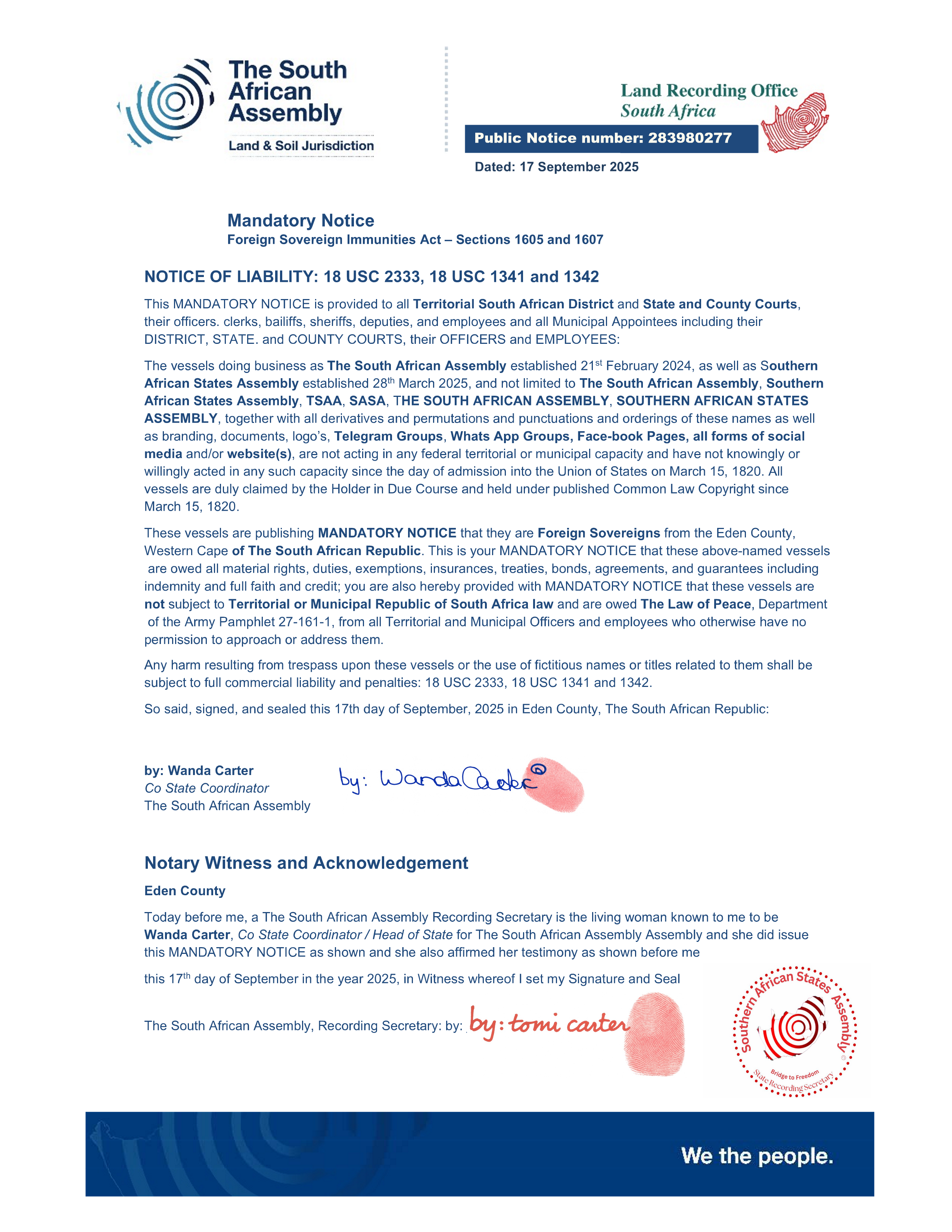 Public notice TSAA FSIA Manditory Notice recording number  283980277